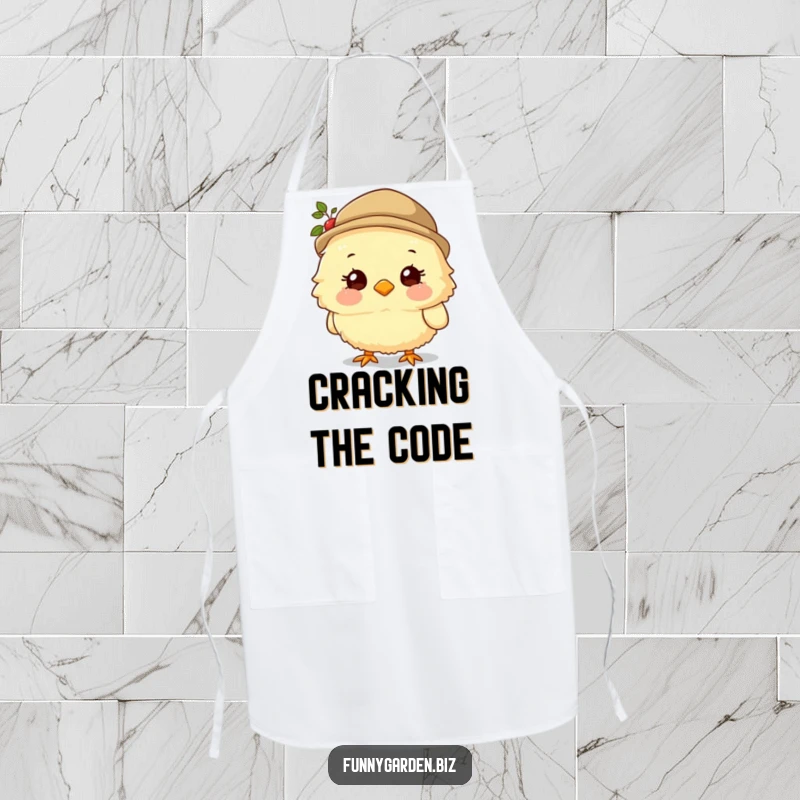 Funny Chick Gardener Apron: Fluffy chick character wearing a small hat and smiling sweetly, humorous and practical kitchen accessory.