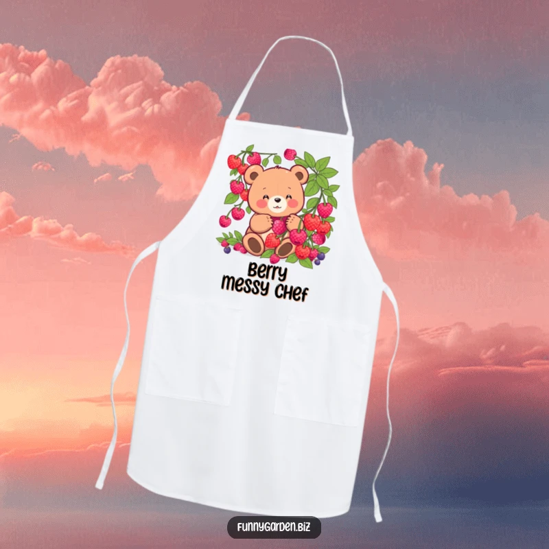 Funny kawaii bear apron showing a happy bear gathering luminous berries. Perfect for a comical cooking experience.