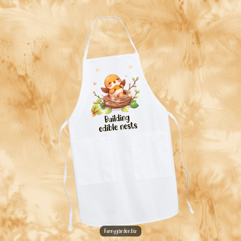 Funny kawaii robin apron showing joyful nest building with shiny, iridescent twigs, a charming kitchen accessory.