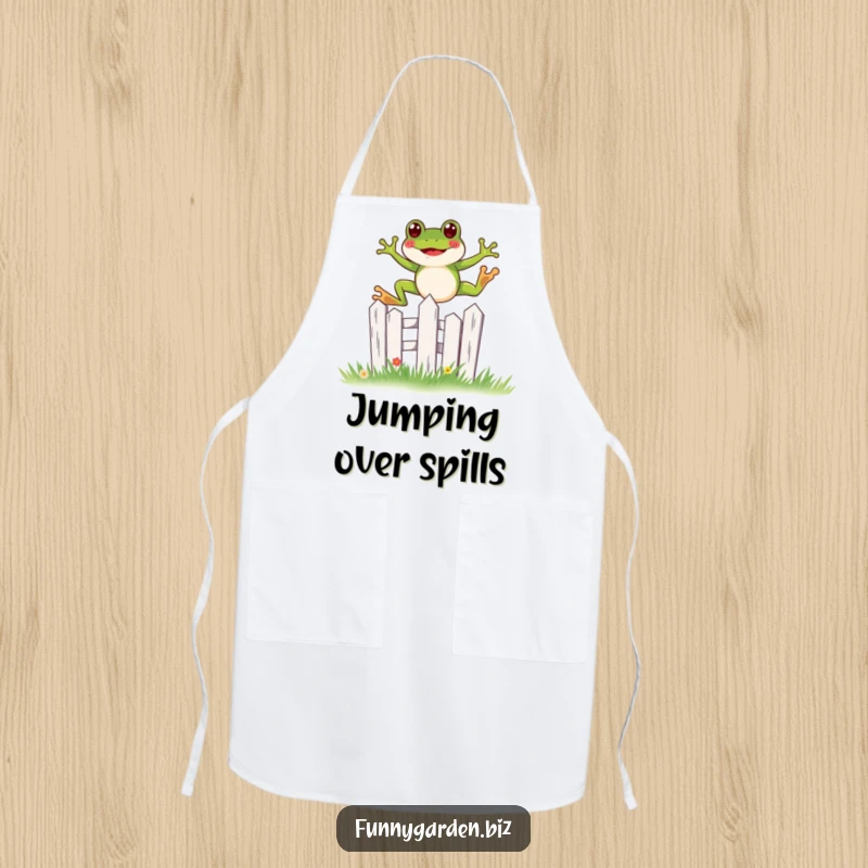 Funny kawaii frog apron showing a joyful leap over a miniature, stylized garden fence, a whimsical kitchen accessory.