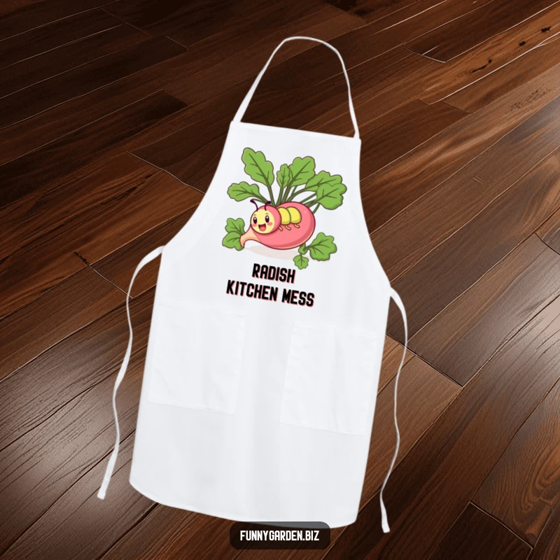 Funny kawaii caterpillar apron showing a comical caterpillar energetically tunneling through a giant radish. Fun for cooking.