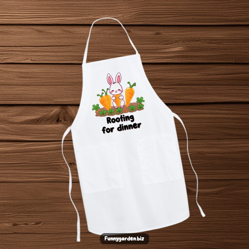 Funny Rabbit Gardener Apron: Cute rabbit character happily gardening oversized, glowing carrots, a humorous and practical kitchen accessory.