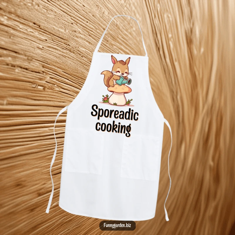 Funny Squirrel Gardener Apron: Diligent squirrel character watering a plump mushroom with a tiny can, humorous kitchen accessory.