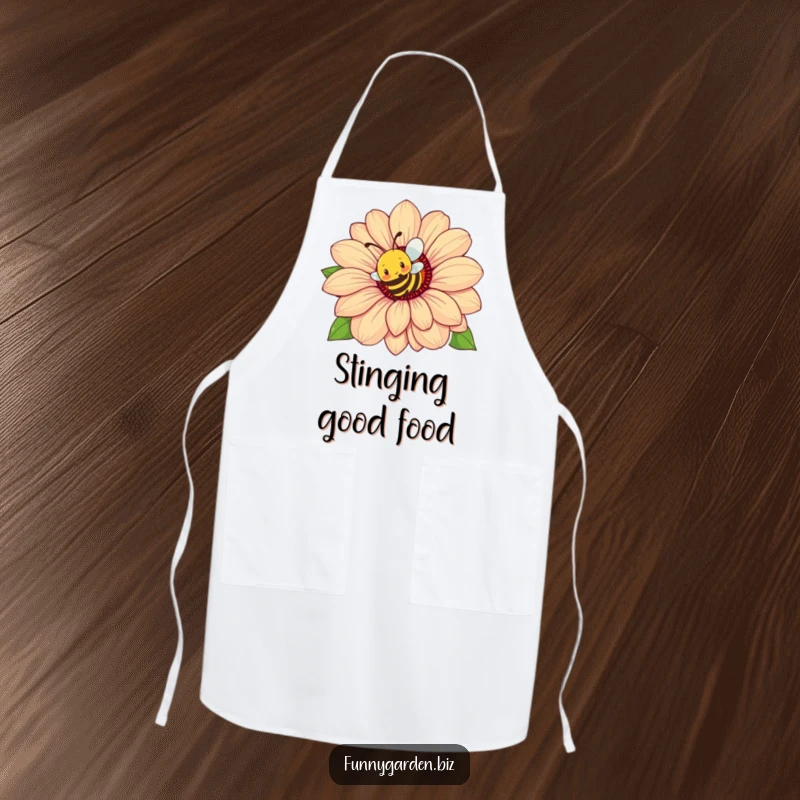 Funny Bee Flower Apron: Busy bee character buzzing energetically around a colossal flower, humorous and practical.