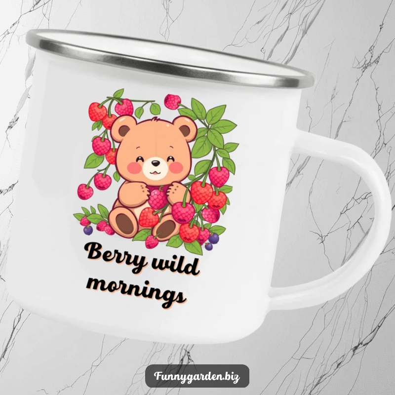 Funny kawaii bear camping mug showing a happy bear picking glowing berries, ideal for outdoor fun.