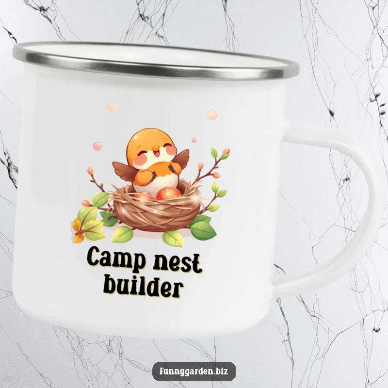 Funny kawaii robin camping mug showing joyful nest building with shiny, iridescent twigs, perfect for outdoors.