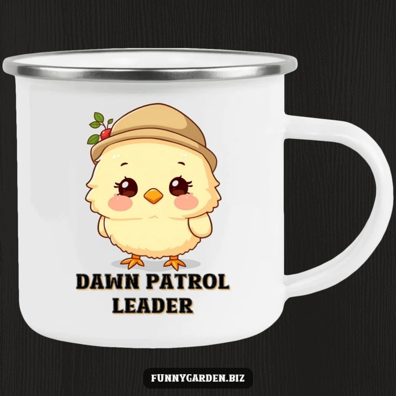 Funny Chick Gardener Camping Mug: Fluffy chick character wearing a gardening hat and smiling sweetly, humorous outdoor mug.
