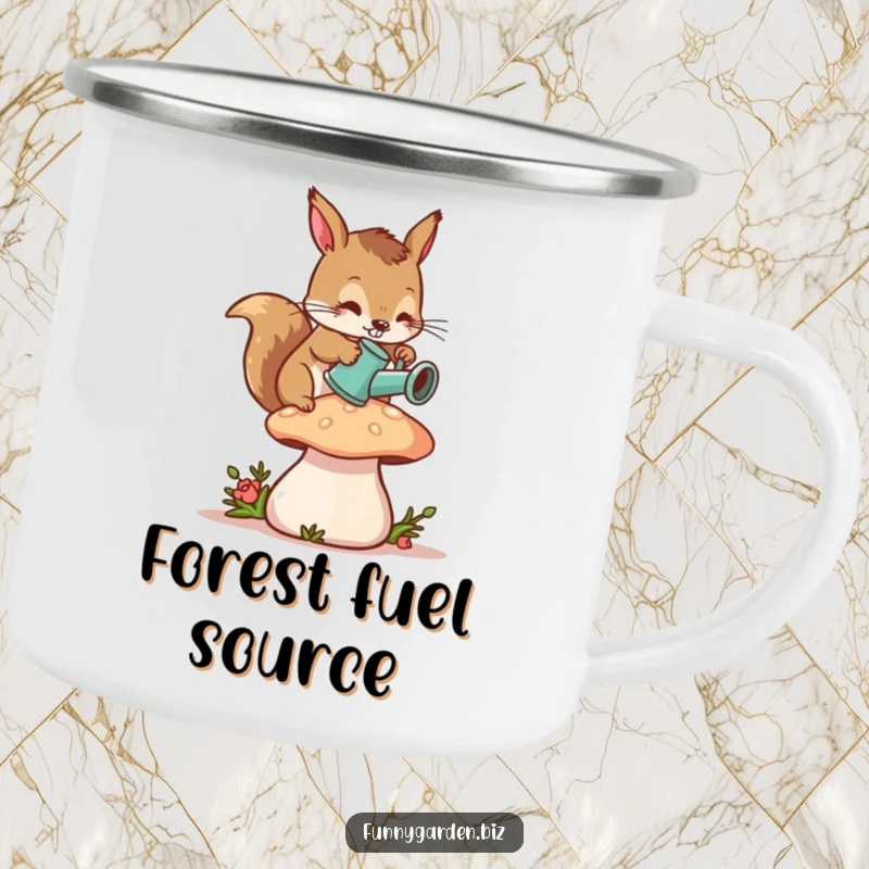 Funny Squirrel Gardener Camping Mug: Diligent squirrel character watering a mushroom with a tiny can, humorous outdoor mug.