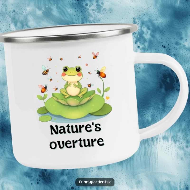 Funny Frog Conductor Camping Mug: Cheerful frog character conducting insects on a lily pad, humorous outdoor mug.