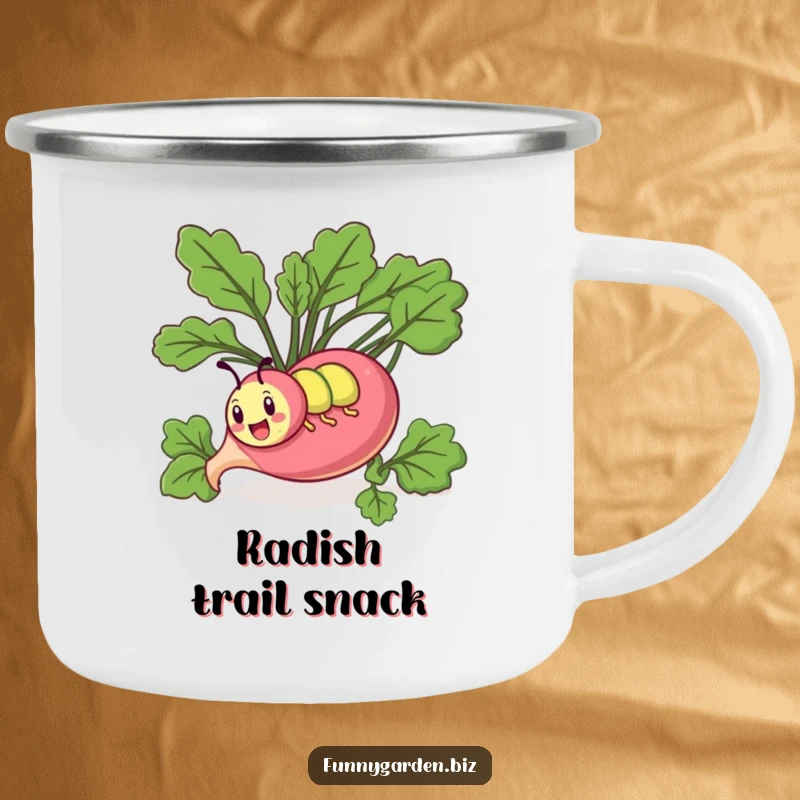 Funny kawaii caterpillar camping mug showing a comical caterpillar tunneling through a giant radish. Great for outdoors.