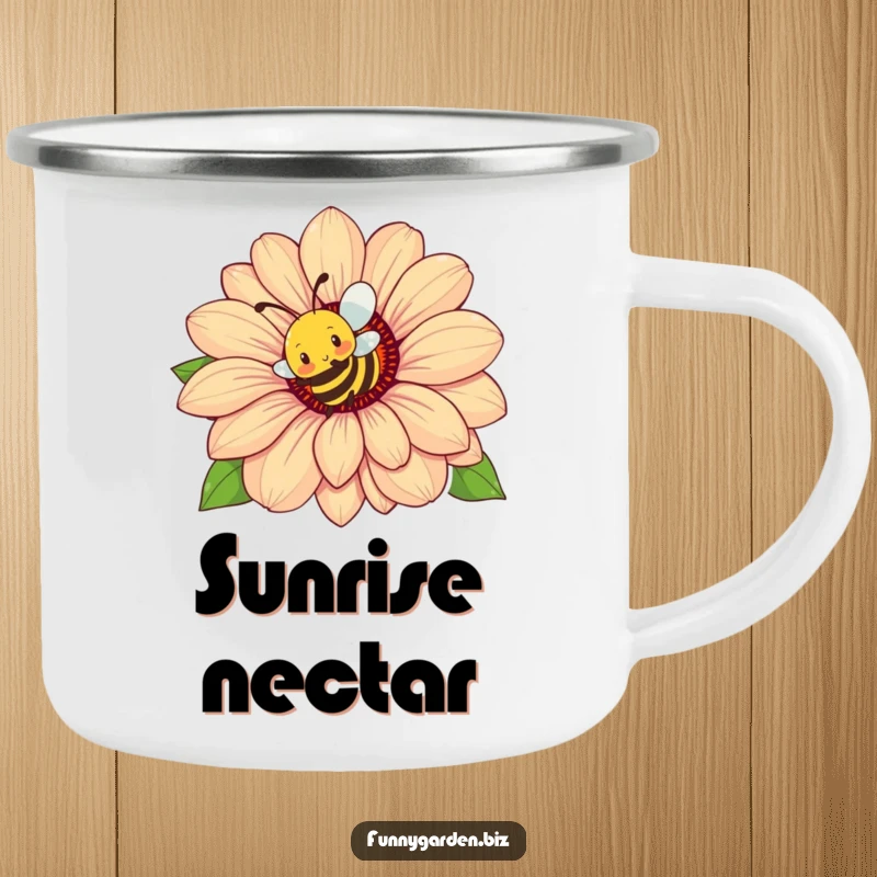 Funny Bee Flower Camping Mug: Busy bee character buzzing energetically around a colossal flower, humorous outdoor mug.