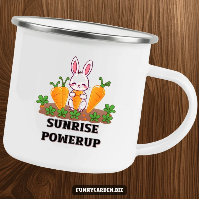 Funny Rabbit Gardener Camping Mug: Cute rabbit character gardening oversized, glowing carrots, a humorous and durable outdoor mug.