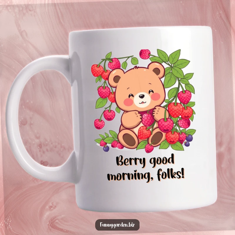 Funny kawaii bear mug depicting a cheerful bear harvesting giant, glowing berries with a comical, happy expression.