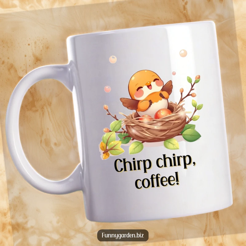 Funny kawaii robin mug joyfully building a nest with shiny, iridescent twigs, a charming nature design.