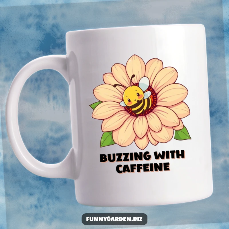 Funny Bee Flower Mug: Busy bee character energetically buzzing around a colossal flower, a humorous and vibrant design.
