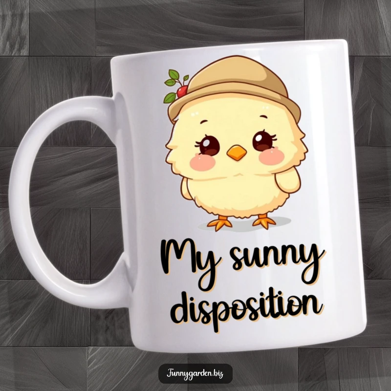 Funny Chick Gardener Mug: Fluffy character wearing a small hat and smiling sweetly, a heartwarming and humorous design.