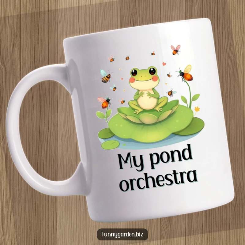 Funny Frog Conductor Mug: Cheerful frog character conducting a symphony of buzzing insects on a lily pad, humorous and musical.