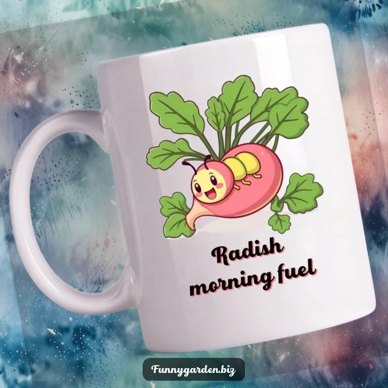 Funny kawaii caterpillar mug showing an energetic caterpillar comically tunneling into a giant radish with a determined look.