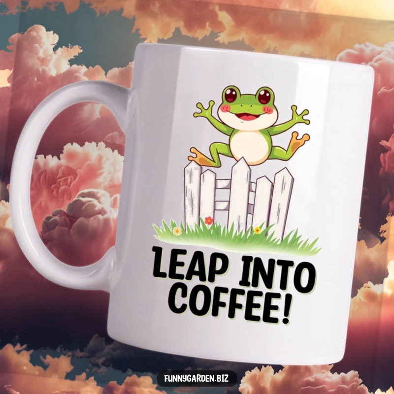 Funny kawaii frog mug joyfully leaping over a miniature, stylized garden fence, a whimsical jumping design.