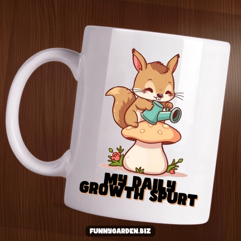 Funny Squirrel Gardener Mug: Diligent character watering a plump mushroom with a tiny can, a humorous and cute scene.