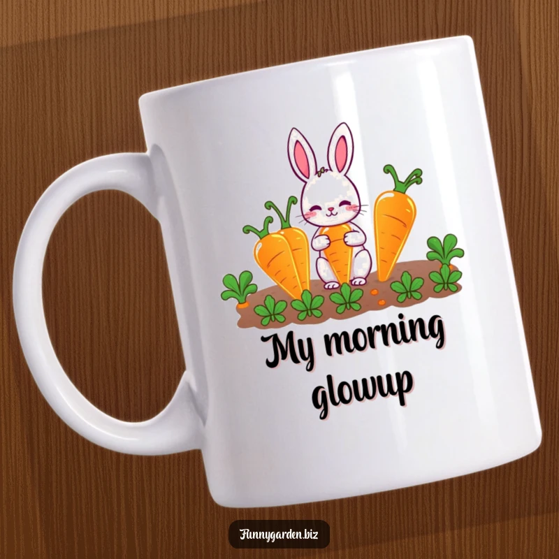 Funny Rabbit Gardener Mug: Cute character happily tending to giant, glowing carrots, a delightful and humorous scene.