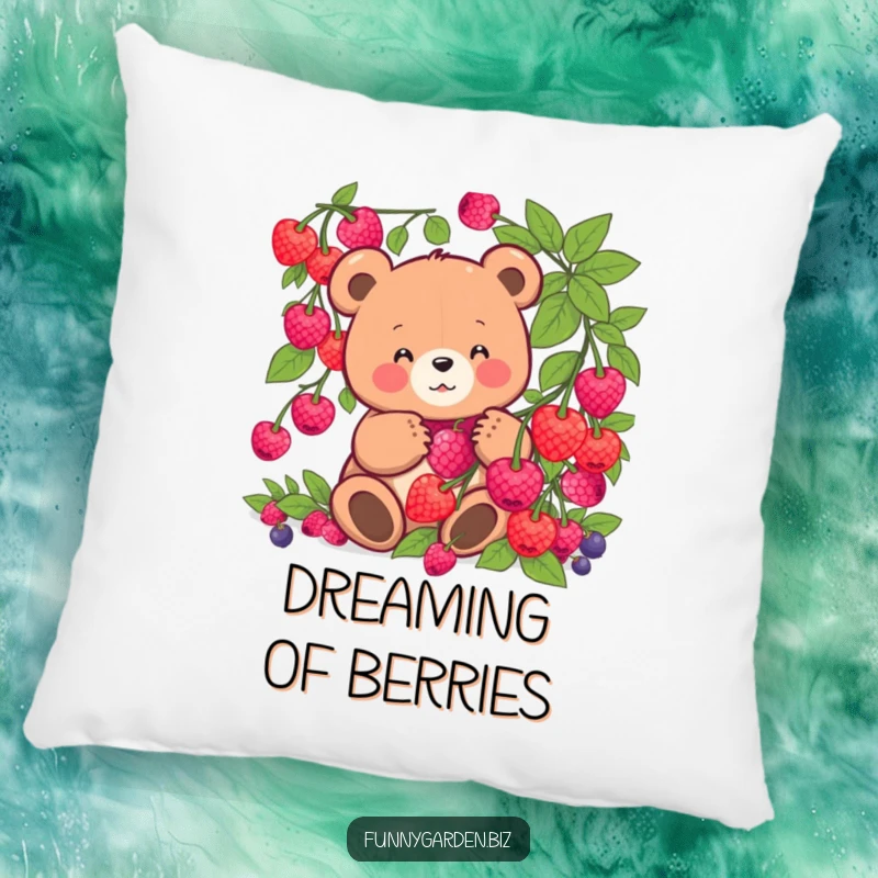 Funny kawaii bear pillow featuring a cheerful bear collecting glowing berries with a comical, happy expression.