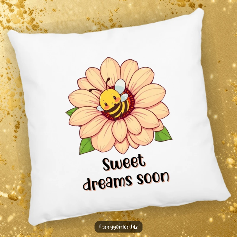 Funny Bee Flower Pillow: Busy bee character buzzing energetically around a colossal flower, soft and humorous accent.