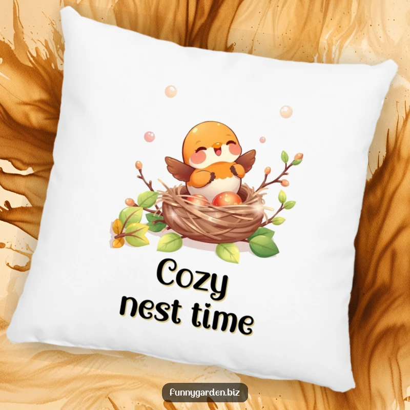Funny kawaii robin pillow featuring joyful nest building with shiny, iridescent twigs, a comfortable nature item.