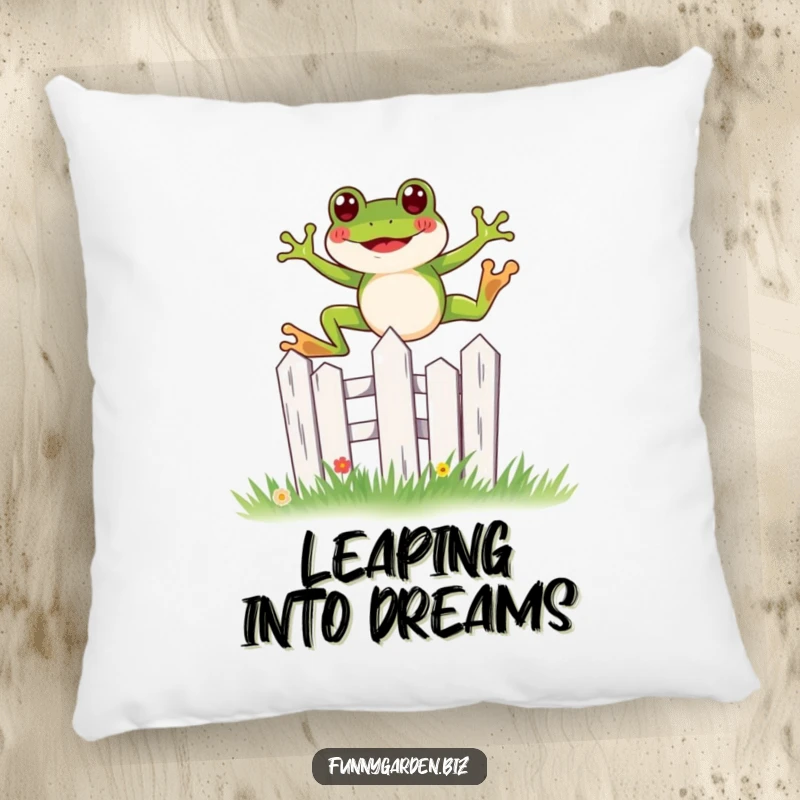 Funny kawaii frog pillow featuring a joyful leap over a miniature, stylized garden fence, a comfortable whimsical item.
