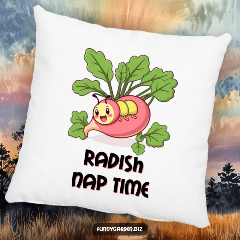 Funny kawaii caterpillar pillow featuring a comical caterpillar comically tunneling through a giant radish.