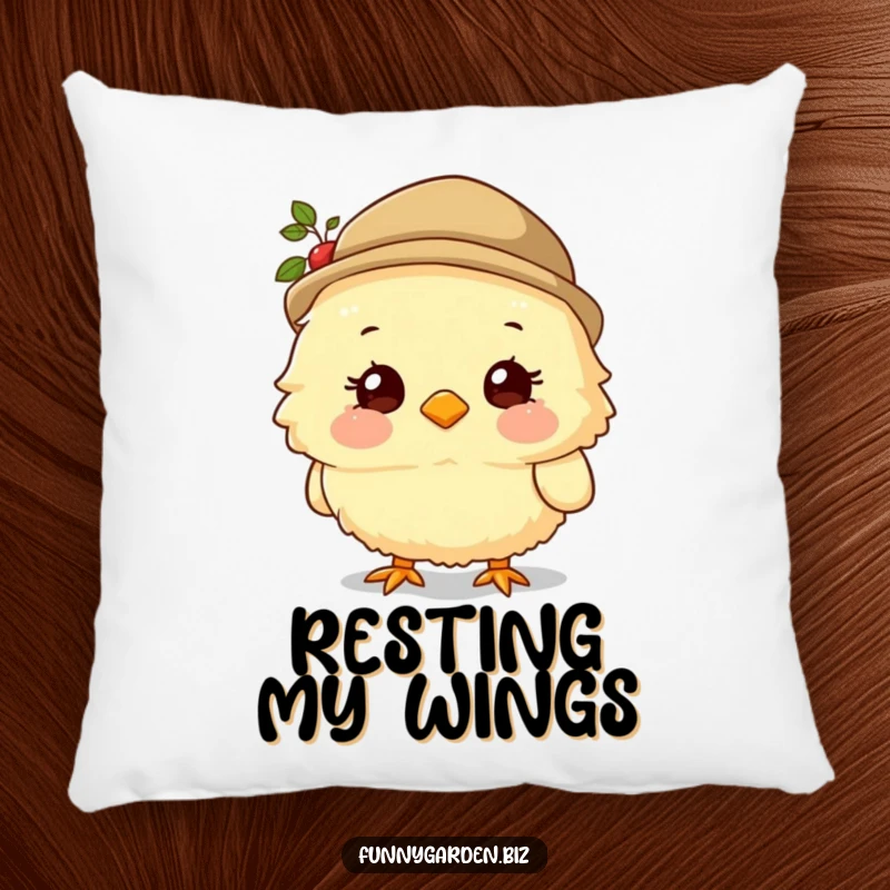 Funny Chick Gardener Pillow: Fluffy chick character wearing a gardening hat and smiling sweetly, soft and humorous accent.