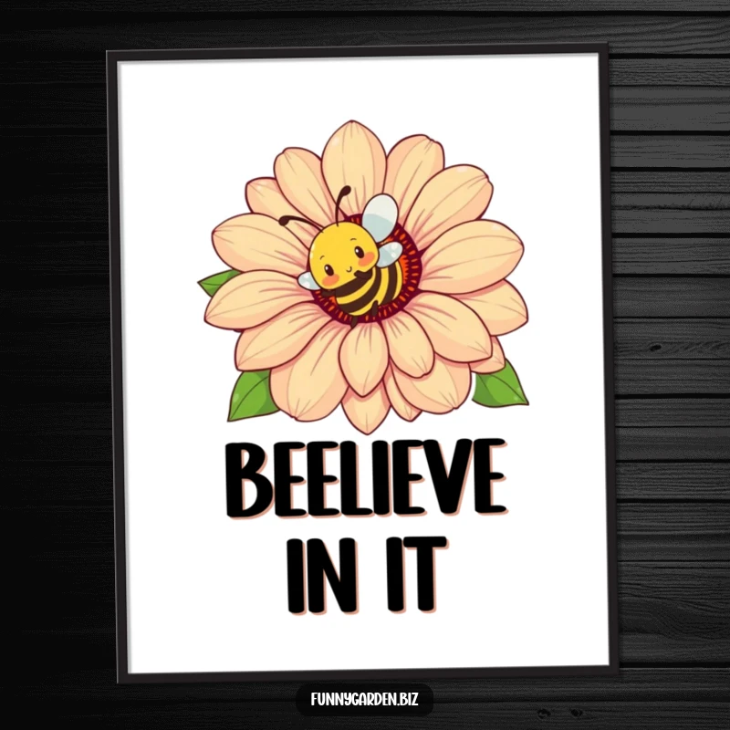Funny Bee Flower Digital Art Print: Busy bee character buzzing energetically around a giant flower, humorous and vibrant.