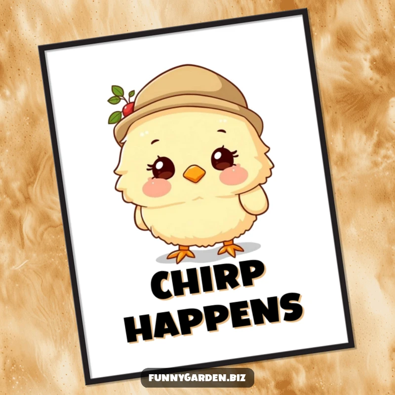 Funny Chick Gardener Digital Art Print: Fluffy chick character wearing a gardening hat and smiling sweetly, humorous and charming.