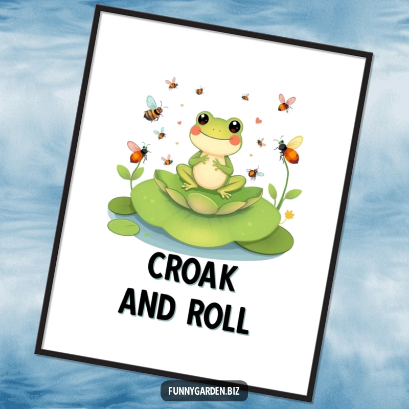Funny Frog Conductor Digital Art Print: Cheerful frog character conducting a symphony of buzzing insects on a lily pad, humorous and charming.