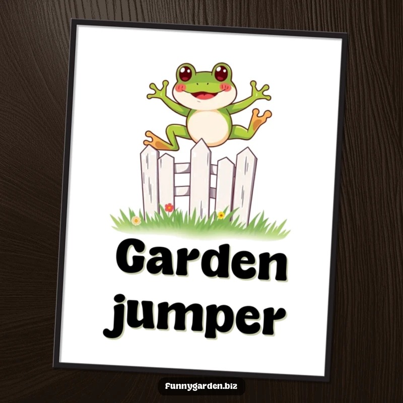 Funny kawaii frog digital art print showing a joyful leap over a miniature, stylized garden fence, downloadable fun.