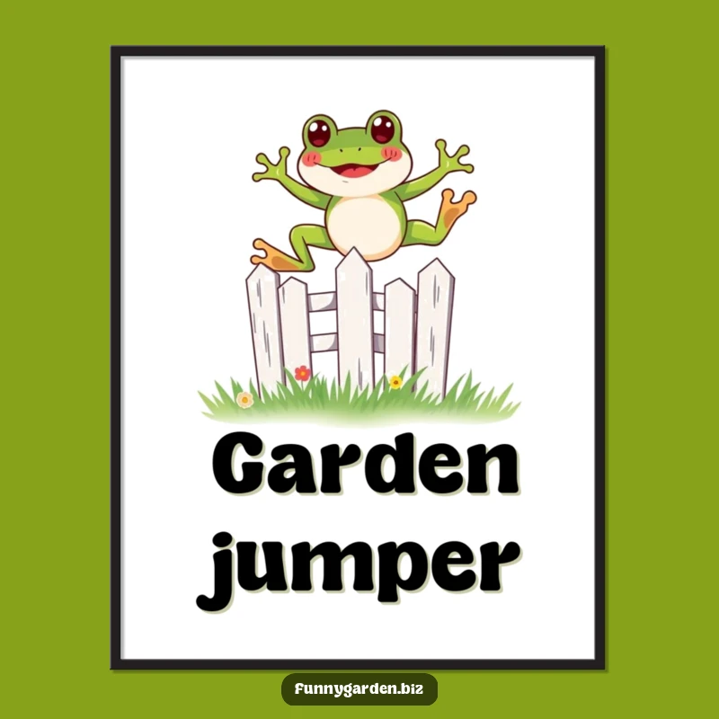 Funny Frog Digital Art - Kawaii Leap, Garden Fence Print