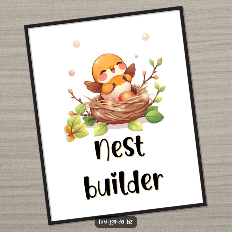Funny kawaii robin digital art print showing joyful nest building with shiny, iridescent twigs, downloadable charm.