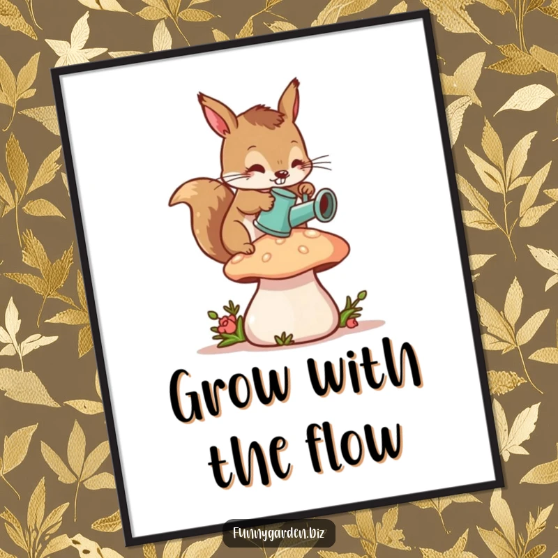 Funny Squirrel Gardener Digital Art Print: Diligent squirrel character watering a plump mushroom with a small can, humorous and whimsical.