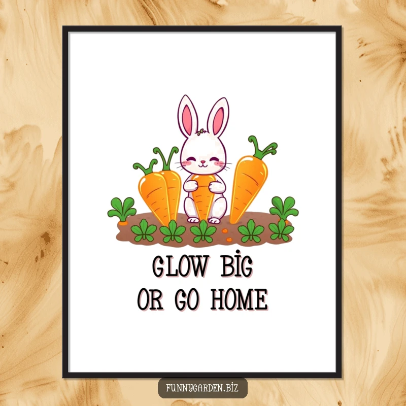 Funny Rabbit Gardener Digital Art Print: Cute rabbit character joyfully gardening oversized, glowing carrots, a humorous and vibrant artwork.