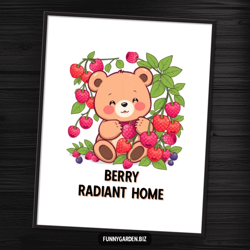 Funny kawaii bear digital art print of a happy bear gleefully harvesting glowing berries. Instant humorous decor.