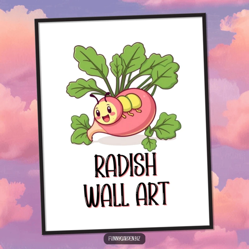 Funny kawaii caterpillar digital art print of a comical caterpillar tunneling through a giant stylized radish. Instant humor.