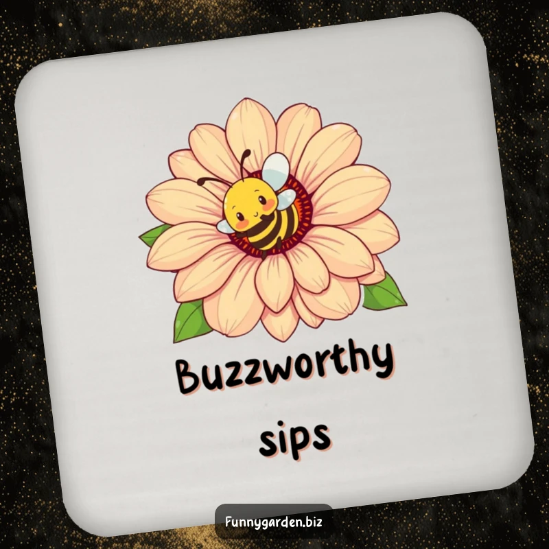 Funny Bee Flower Coaster: Busy bee character buzzing energetically around a colossal flower, humorous drink accessory.