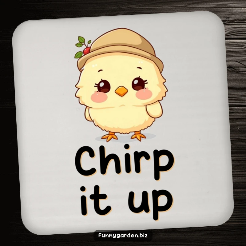 Funny Chick Gardener Coaster: Fluffy chick character wearing a gardening hat and smiling sweetly, humorous drink accessory.