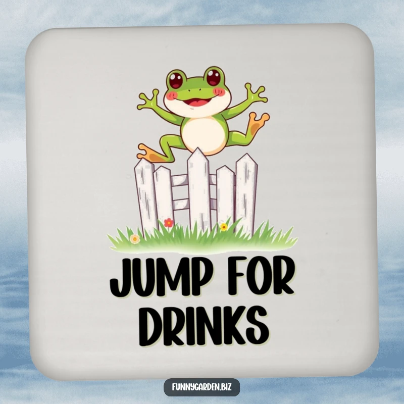 Funny kawaii frog coaster showing a joyful leap over a miniature, stylized garden fence, a whimsical home accent.