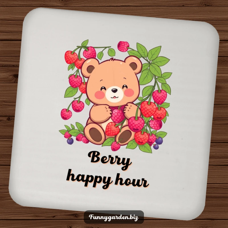 Funny kawaii bear coasters with a comical bear harvesting luminous berries. Protects surfaces with cute humor.