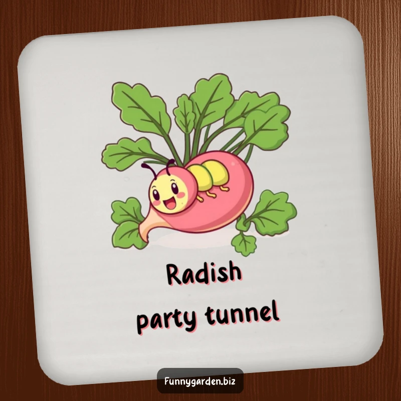 Funny kawaii caterpillar coasters showing a comical caterpillar tunneling through a giant radish. Protects surfaces with humor.