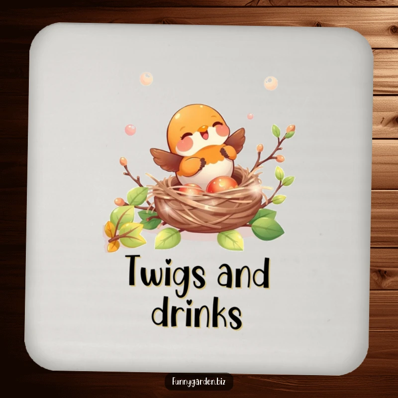 Funny kawaii robin coaster showing joyful nest building with shiny, iridescent twigs, a charming home accent.