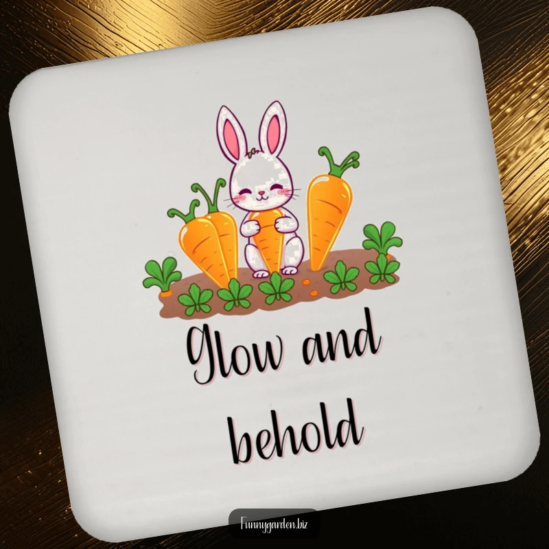 Funny Rabbit Gardener Coaster: Cute rabbit character tending to glowing carrots, a humorous and protective drink accessory.