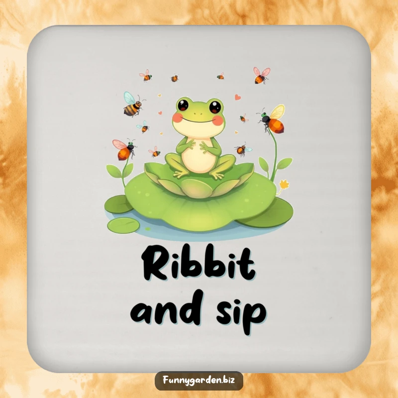 Funny Frog Conductor Coaster: Cheerful frog character conducting a symphony of buzzing insects, humorous drink accessory.
