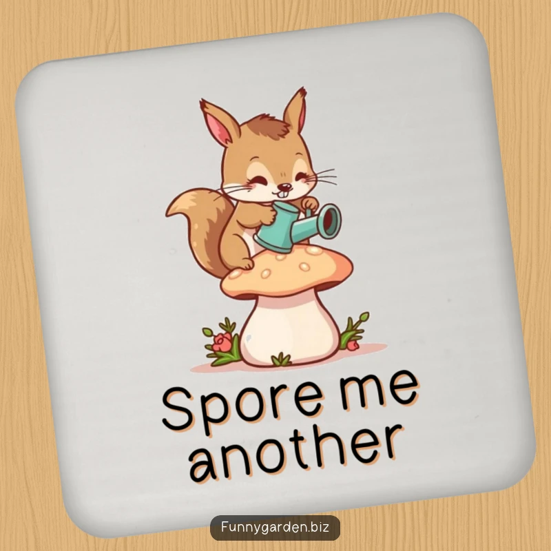 Funny Squirrel Gardener Coaster: Diligent squirrel character watering a mushroom with a tiny can, humorous drink accessory.
